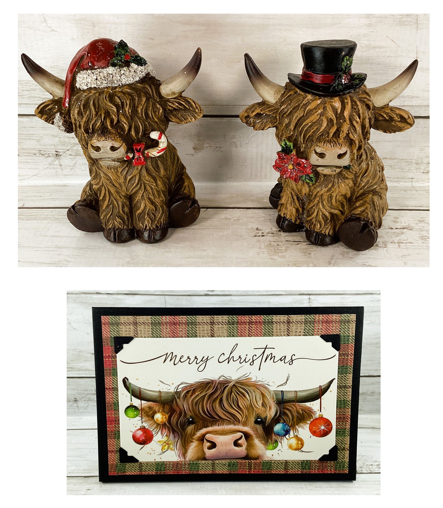AGSD Christmas Decor - Resin Scottish Highland Cow Couple Figurines 3pc Set