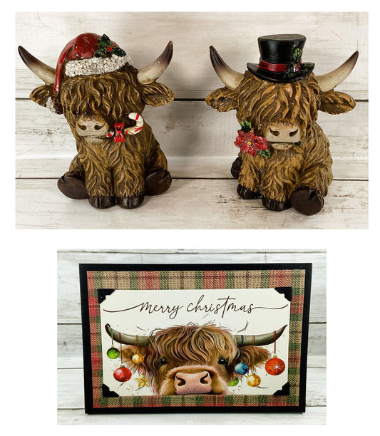 AGD Christmas Decor - Resin Scottish Highland Cow Couple Figurines 3pc Set