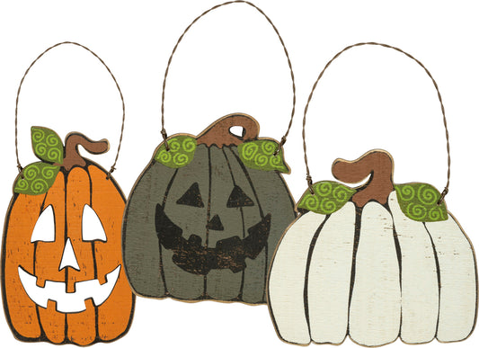 PBK Halloween Decor - Prim Wood Jack O Lanterns Pumpkin Ornaments 3pc