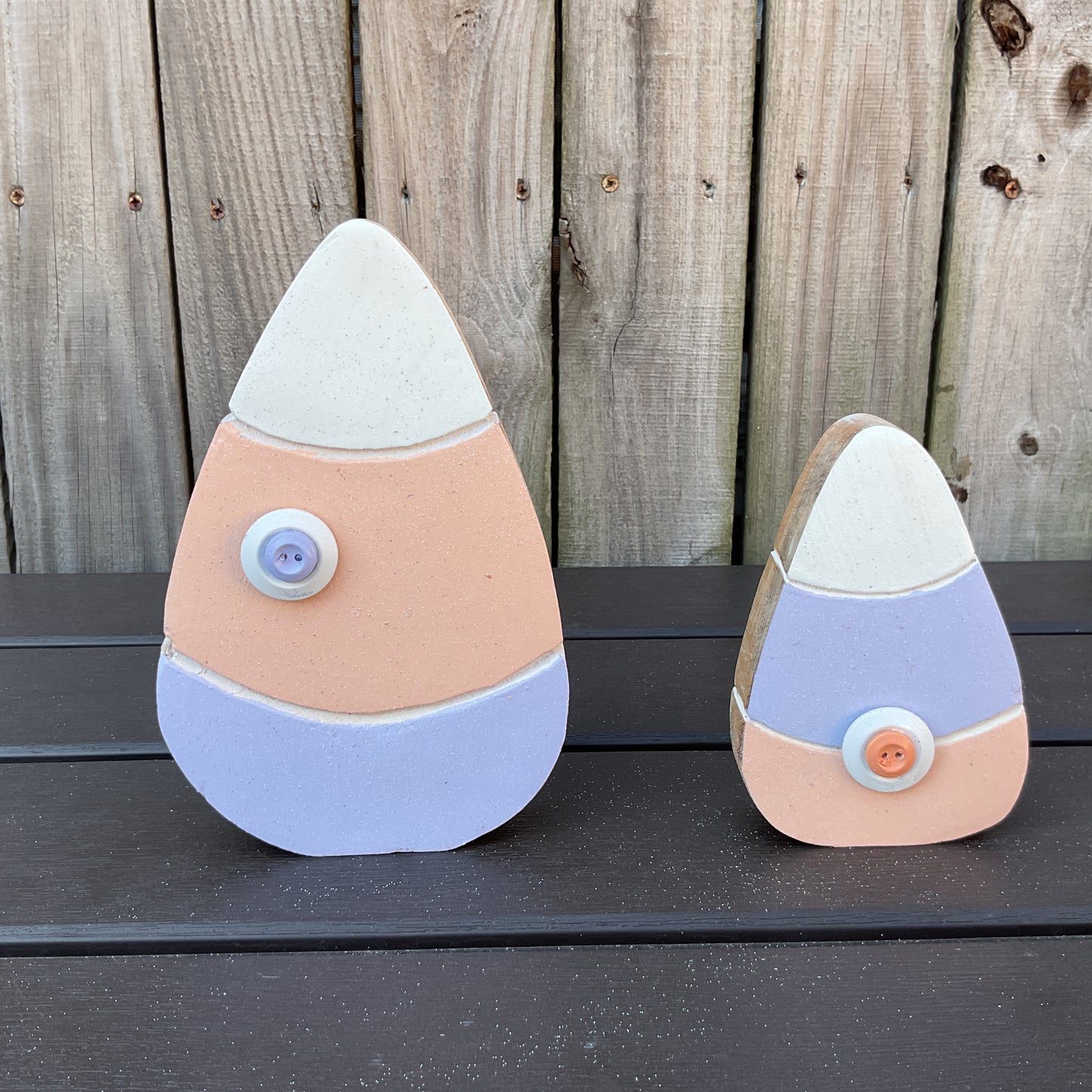 AGD Spring Decor - Pastel Purple Peach Chunky Wood Candy Corn Sitters 2pc Set