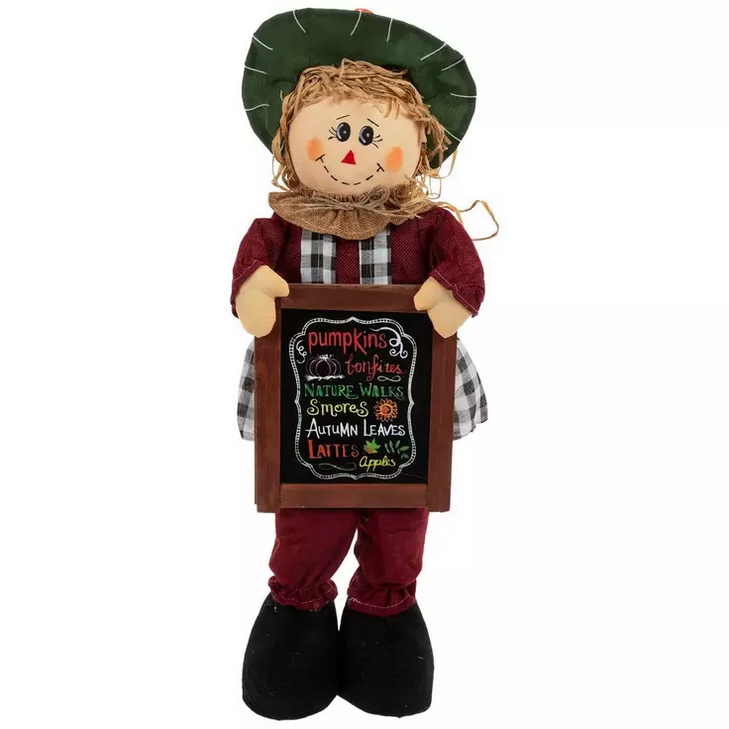 HL Fall Decor - Stand-up Green Hat Scarecrow with Market Sign 24-inch Tall