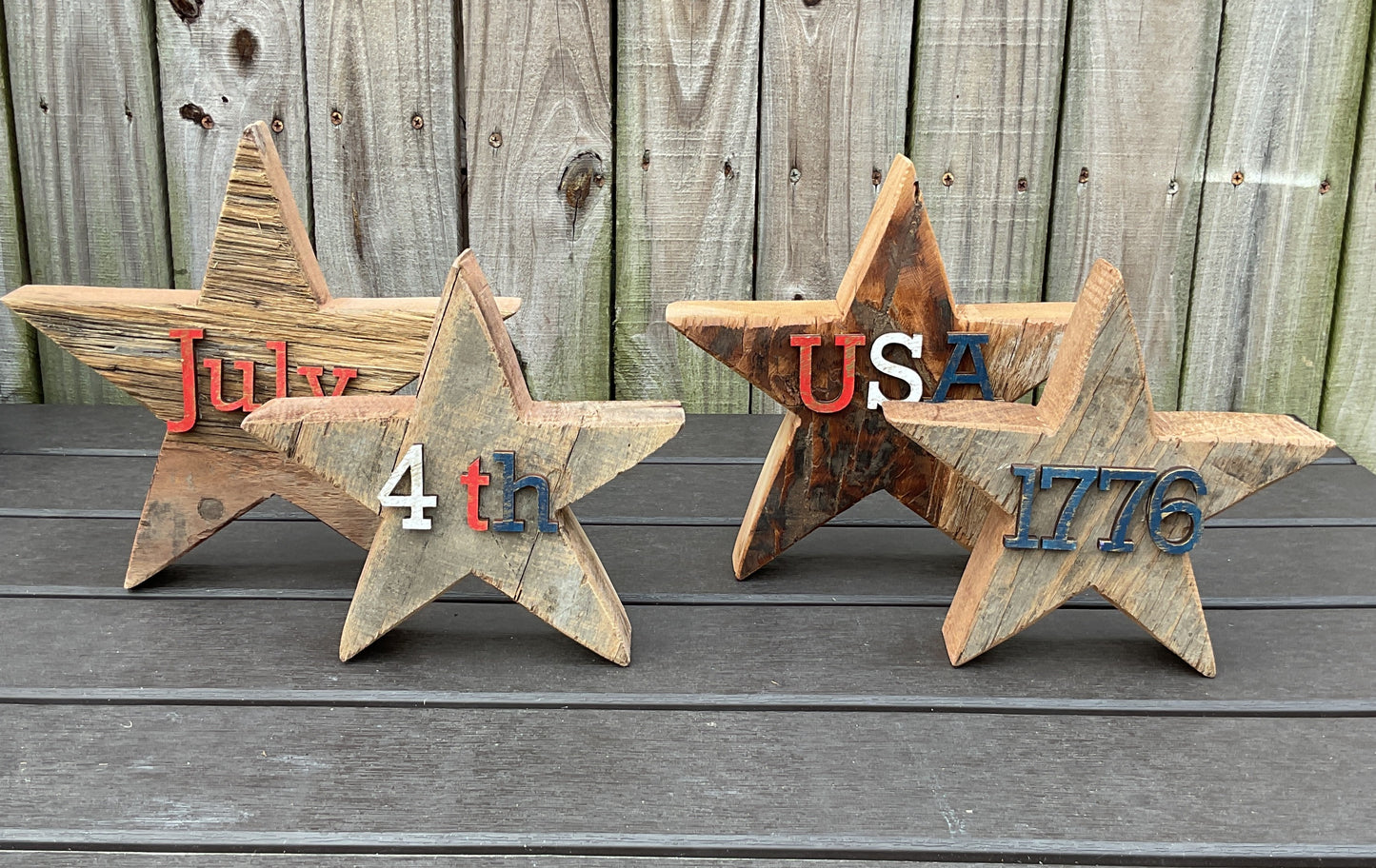 AGSD Patriotic Decor - July 4th Rustic Neutral Chunky Wood Star Sitters 4pc