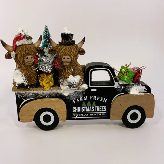 AGSD Christmas Decor - Highland Coo Cow Vintage Truck Figurine Decor