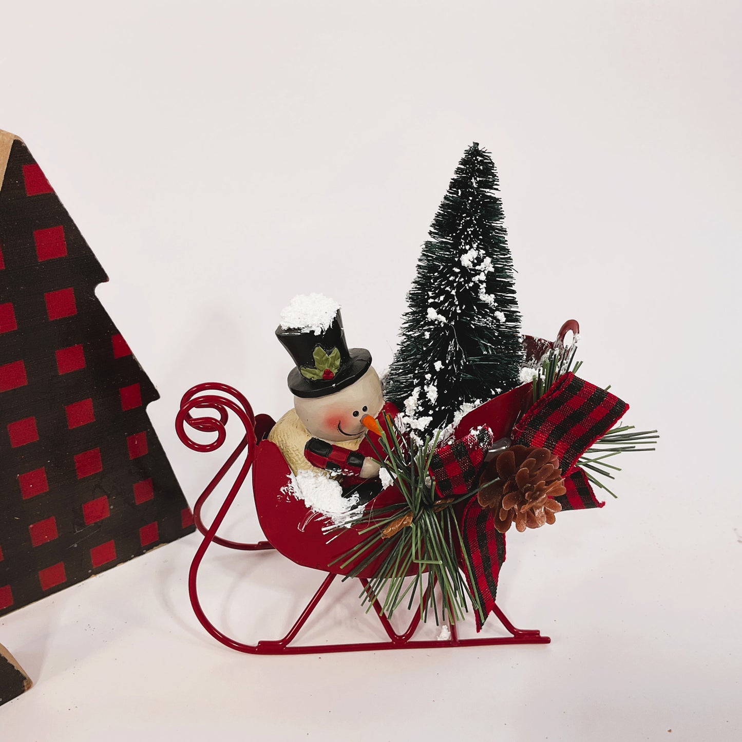 AGSD Christmas Decor - Resin Snowmen in Sled and Buffalo Trees 3pc Set