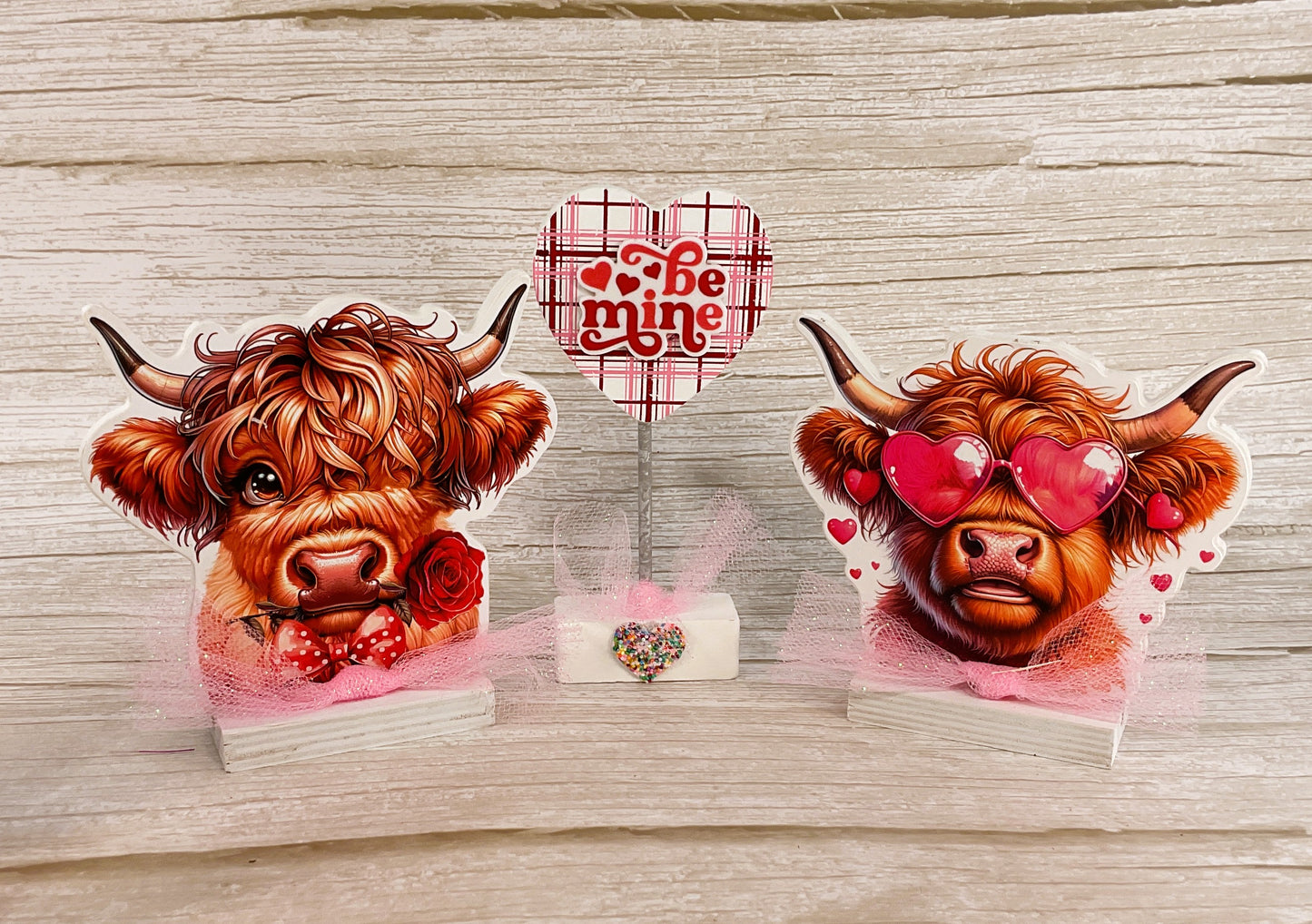 AGSD Valentines Decor - Glam Highland Cow Block Sign Tier Tray 5pc Set