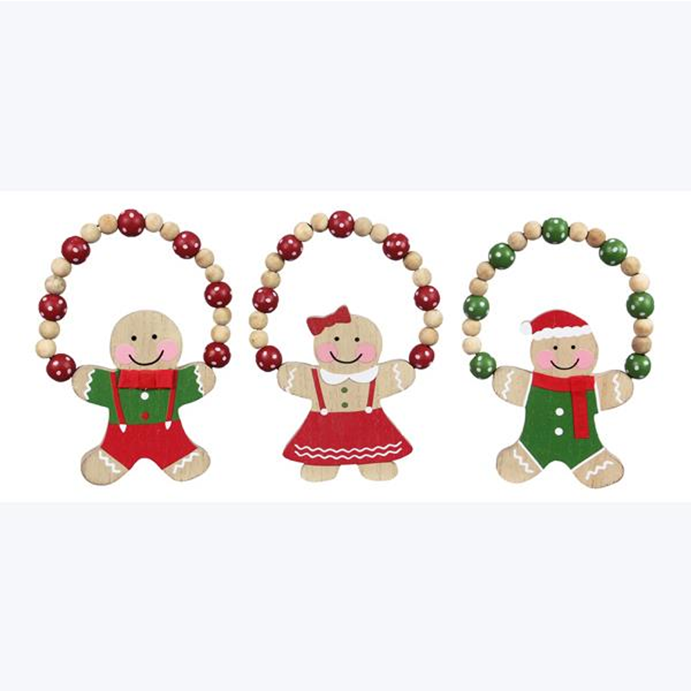 YI Christmas Decor - Gingerbread Man Woman Chunky Wood Ornaments 3pc