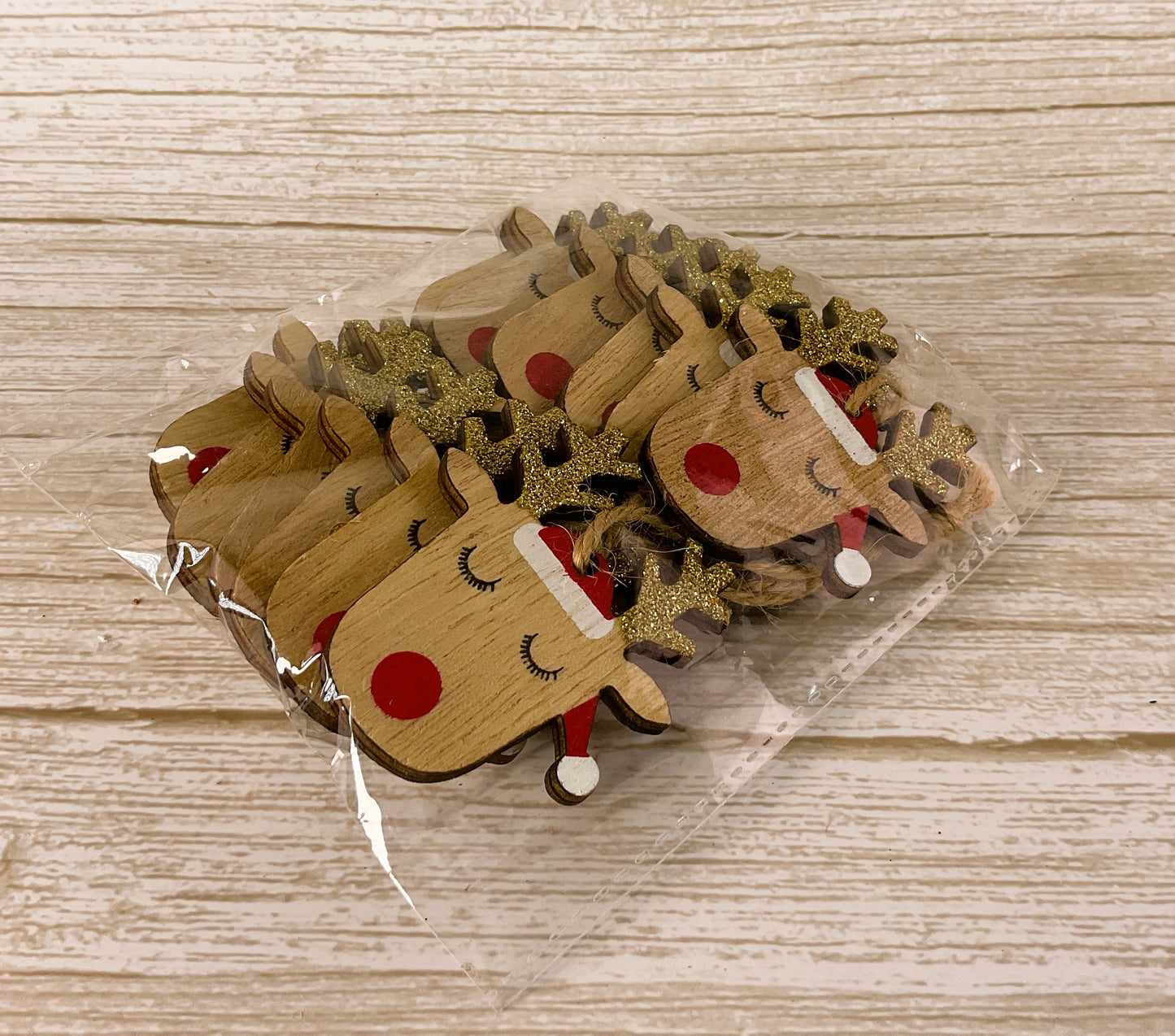 Christmas Decor - Small Wood Red-nose Reindeer Antler Ornaments 12ct