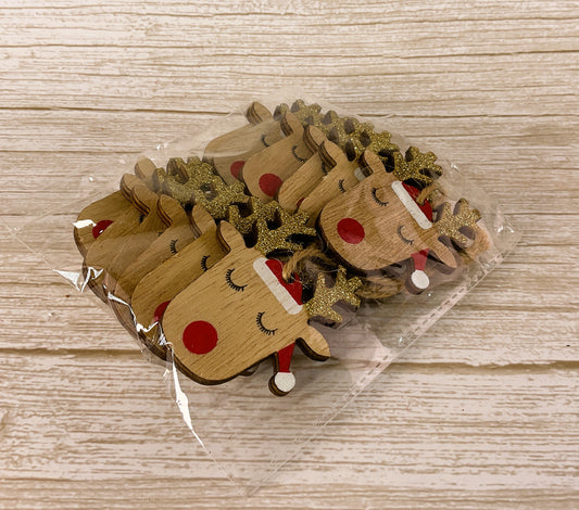 Christmas Decor - Small Wood Red-nose Reindeer Antler Ornaments 12ct