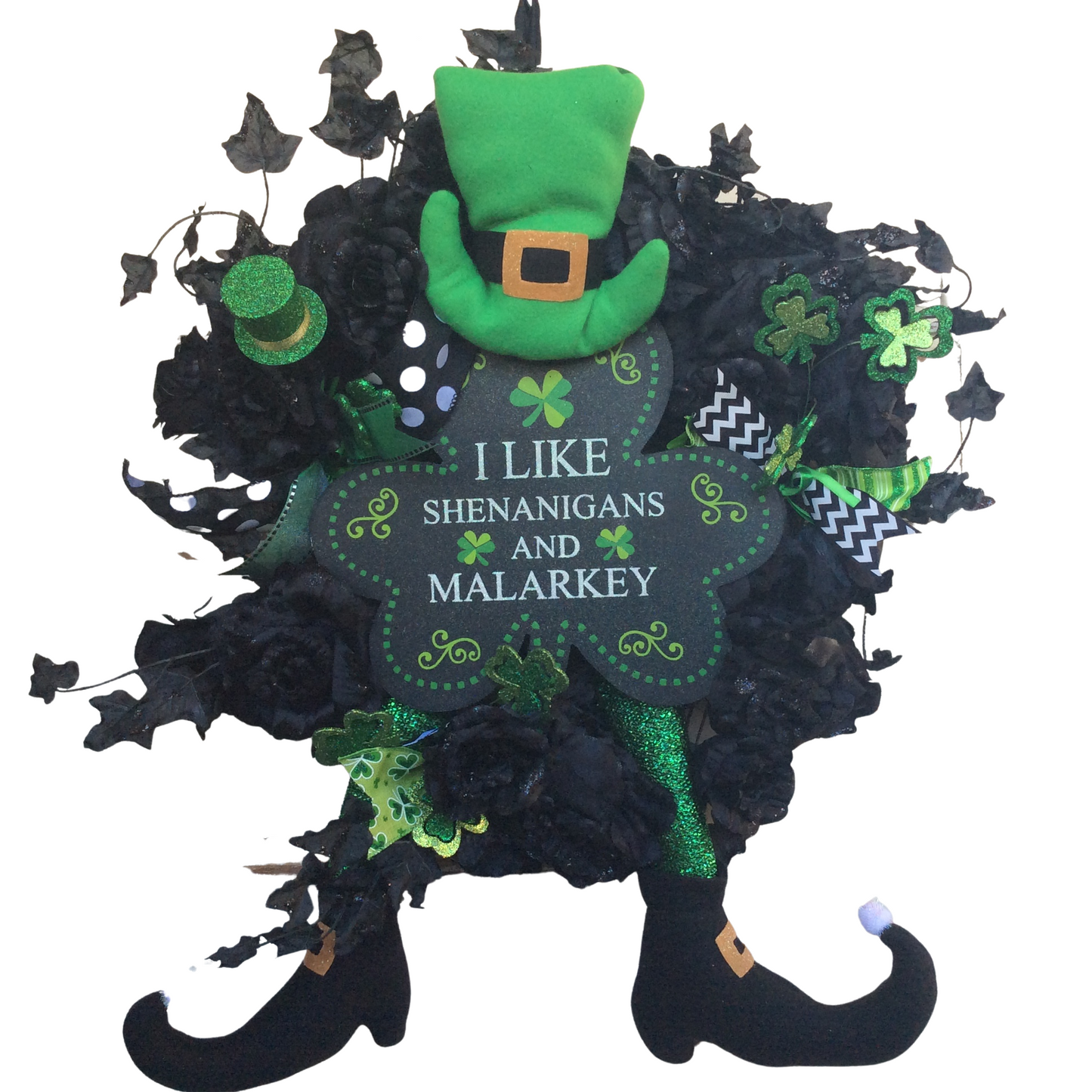 AGD St Patricks Decor - Black Rose Leprechaun Shenanigan Wreath