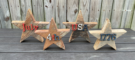AGSD Patriotic Decor - Rustic Neutral Chunky Reclaimed Wood Star Sitters 4-Piece Set