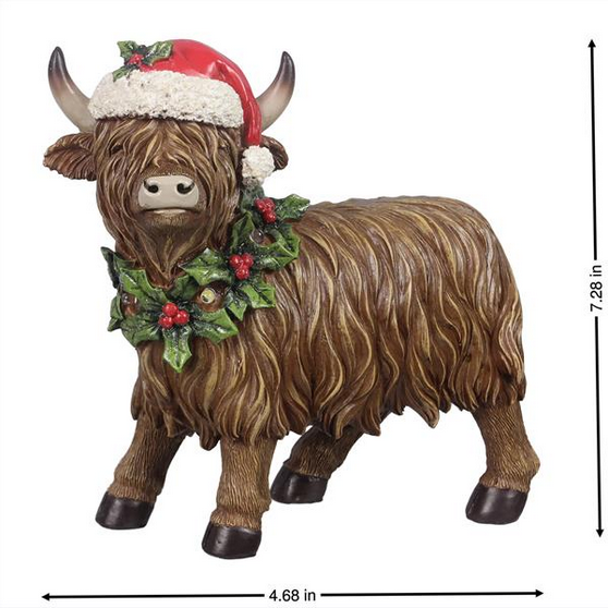 YI Christmas Decor - Santa Hat Cap Highland LED Cow Figurine