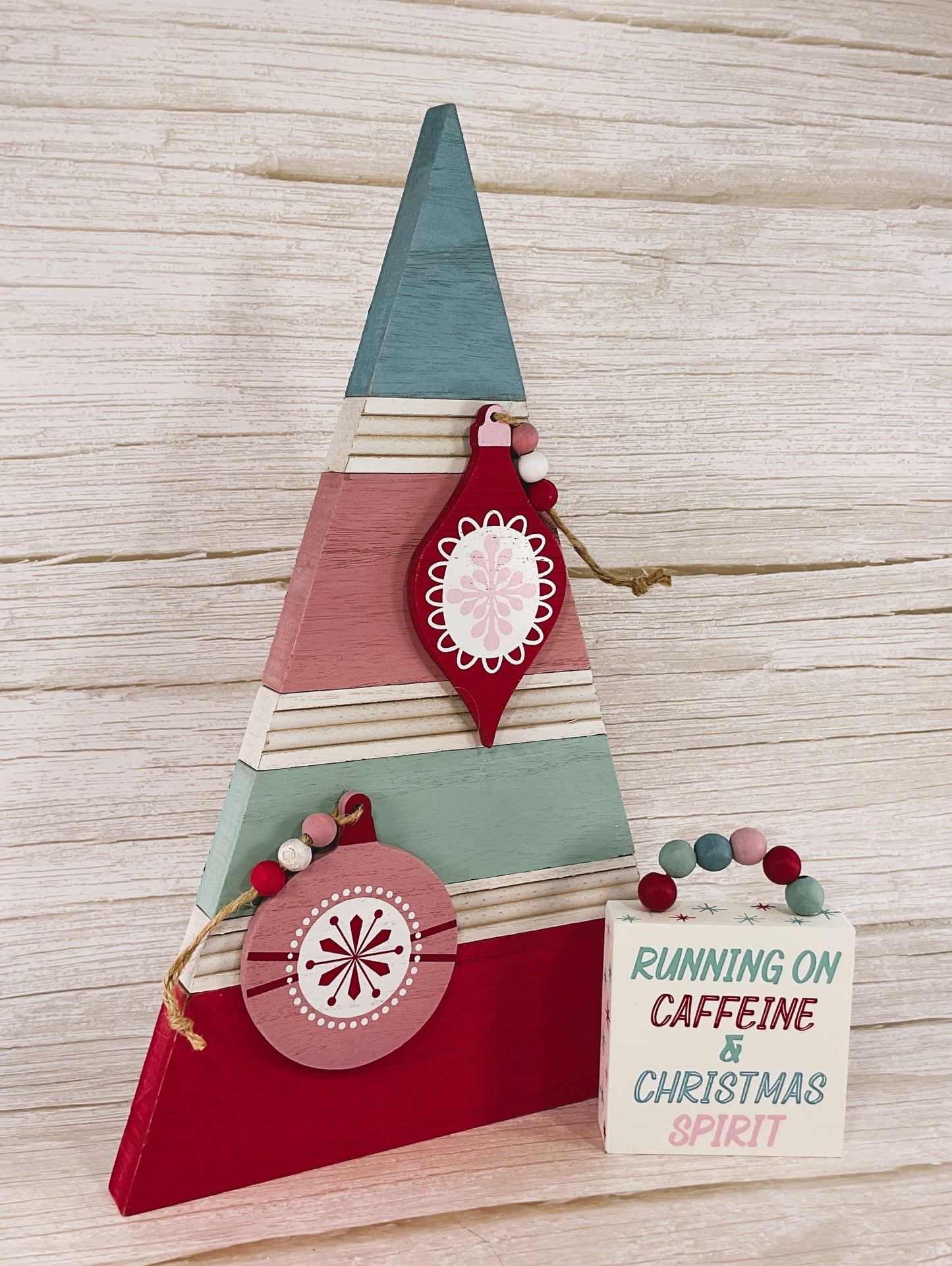 AGSD Christmas Decor -Retro Pink Blue Teal Wood Slat Tree & Sign 2pc