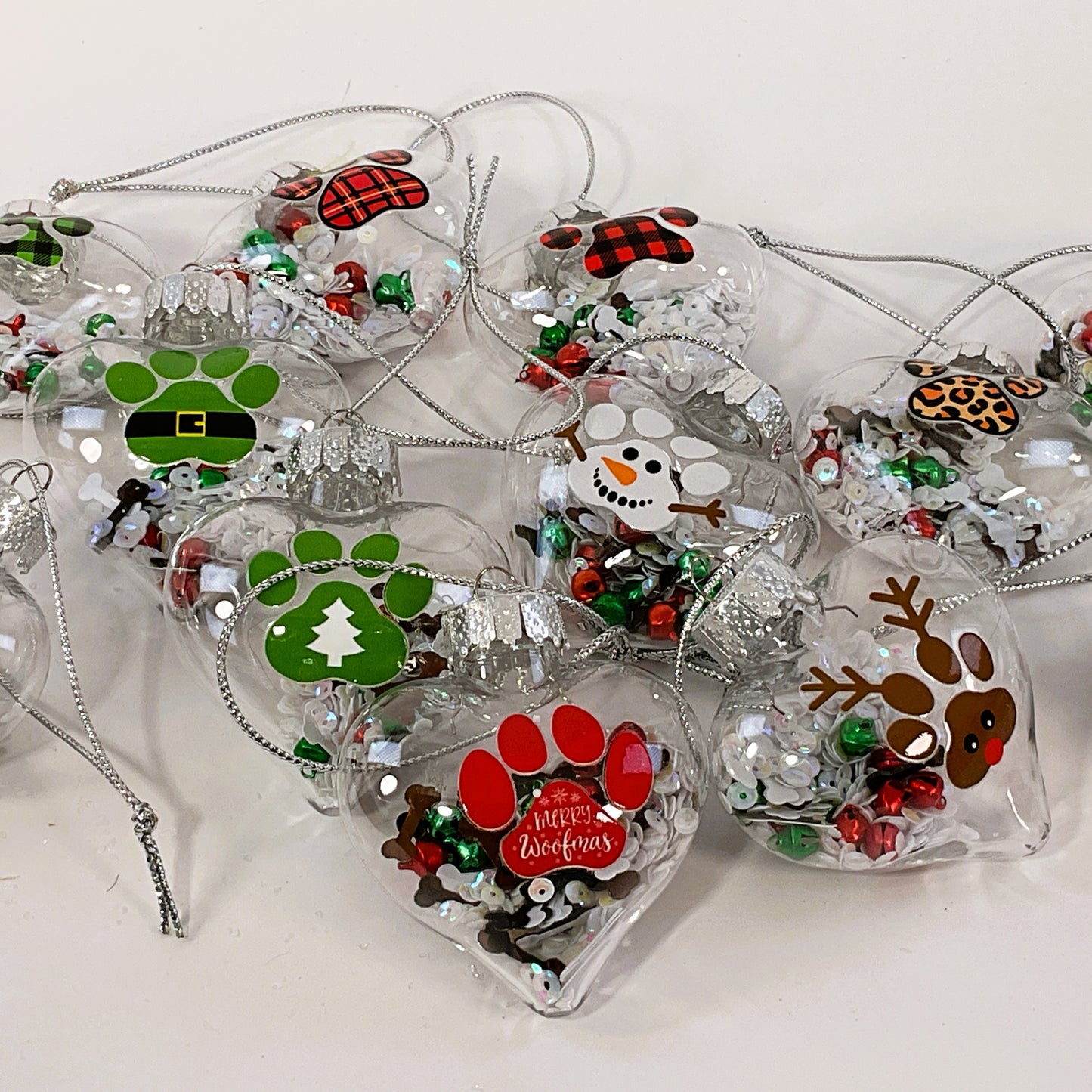 AGSD  Christmas Decor - Puppy Paw Theme Clear Heart Shaker Ornaments 12pc