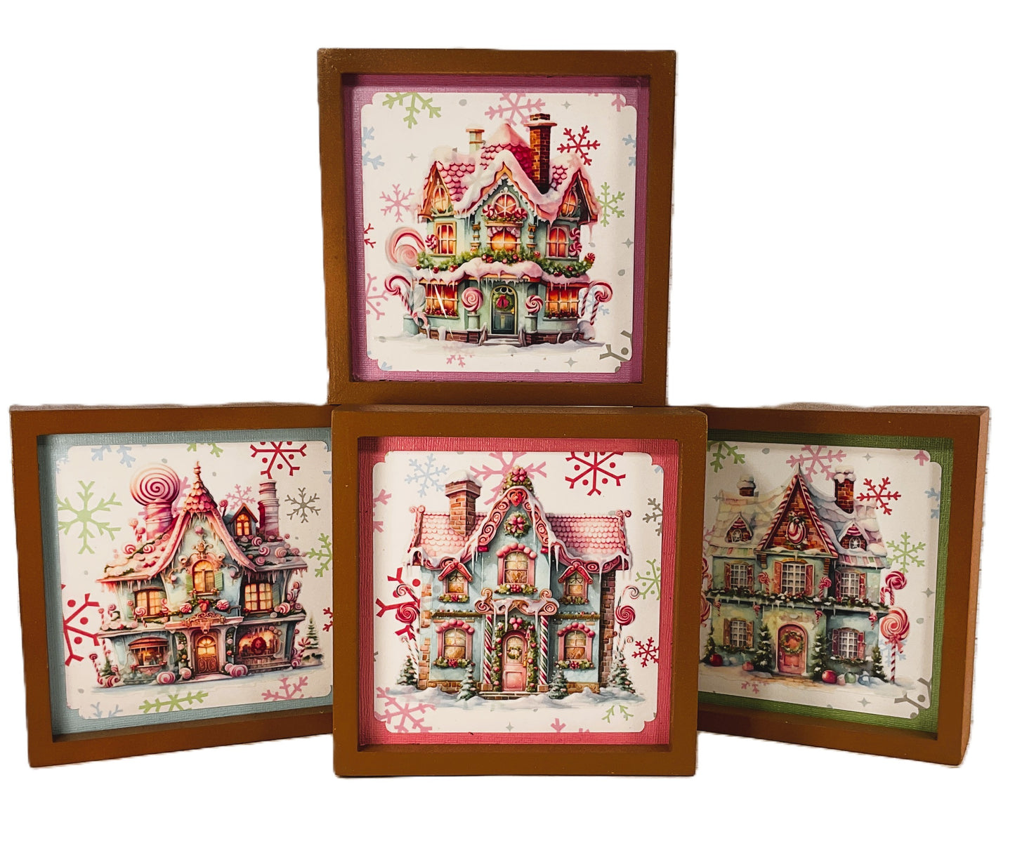 AGSD Christmas Decor - Pink Pastel Gingerbread Houses Tabletop Signs 4pc
