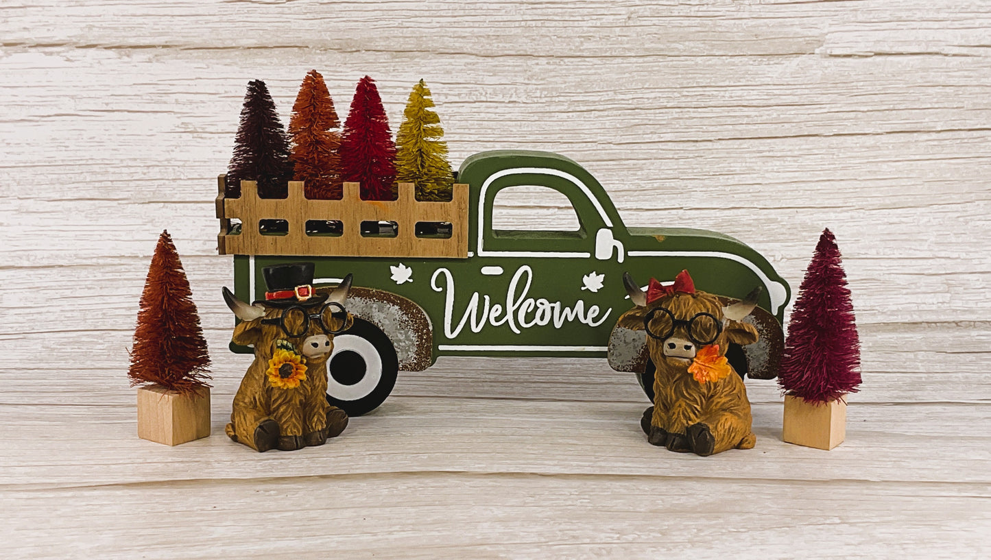 AGSD Fall Decor - Highland Cows Wood Truck Sisal Trees Tabletop Display