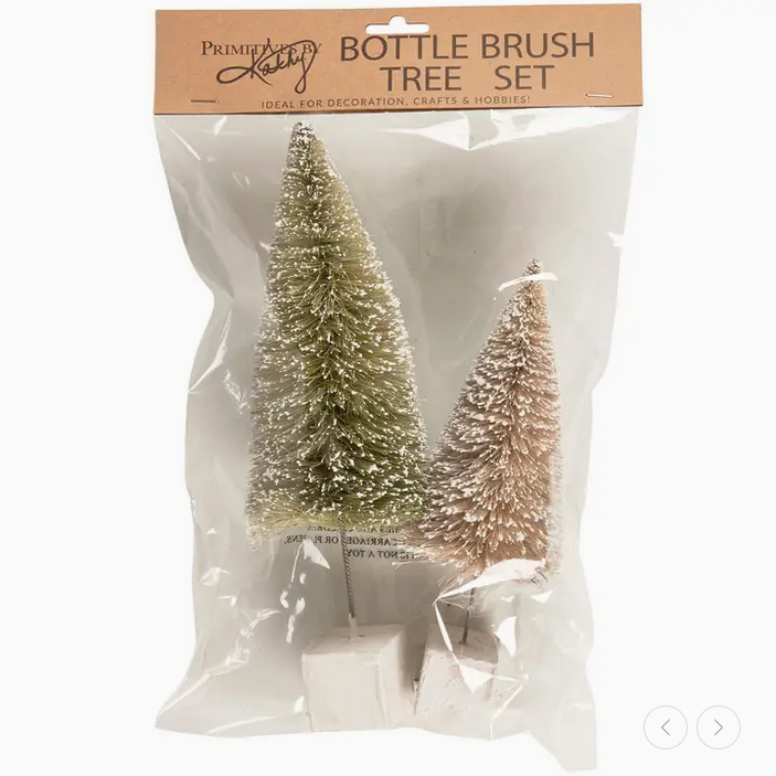 PBK Winter Decor - Neutral Green Tan Sisal Bottlebrush Trees 2pc