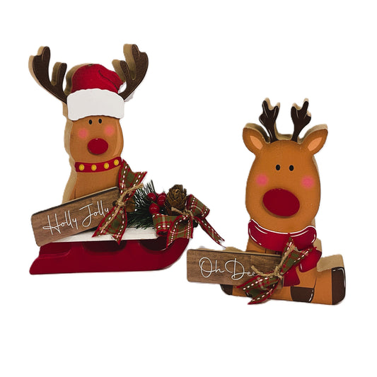 AGSD Christmas Decor -Chunky Wood Oh Deer Reindeer and Sleds 2pc