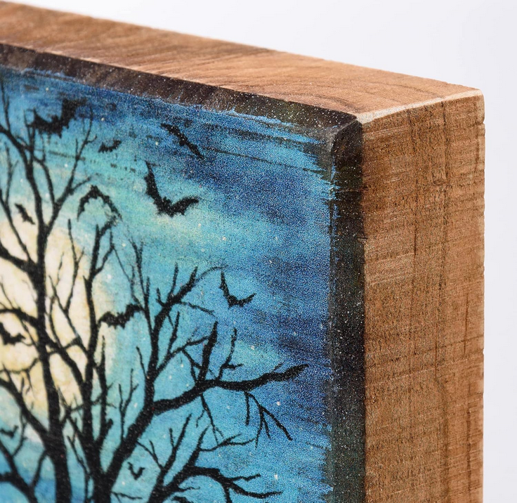 PBK Halloween Decor - Midnight Haunted Tree Bats Block Sign