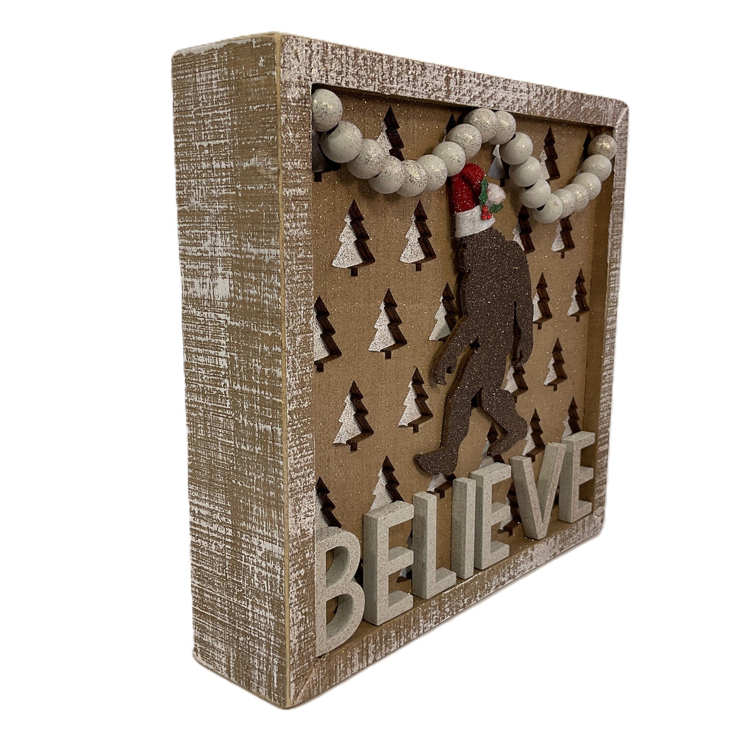 AGSD Christmas Decor - Believe Santa Bigfoot Tree Inset Box Sign