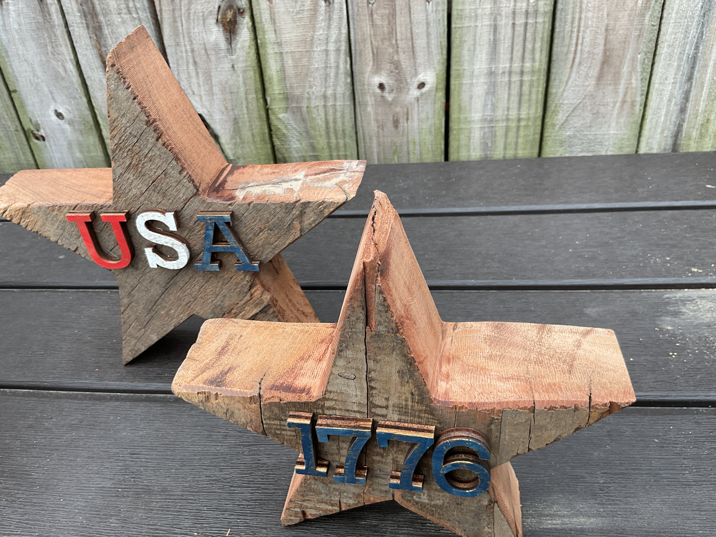 AGSD Patriotic Decor - July 4th Rustic Neutral Chunky Wood Star Sitters 4pc