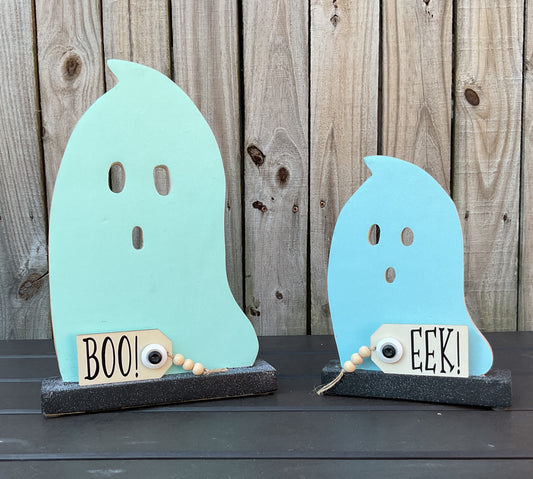 AGD Halloween Decor -  Large Chunky Blue Teal Wood Ghost Sitters 2pc