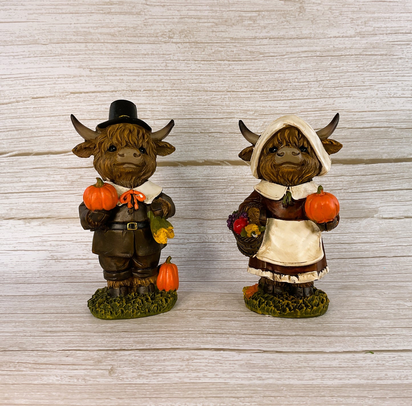 Gerson Fall Decor - Thanksgiving Pilgrim Highland Cow Figurines 2pc