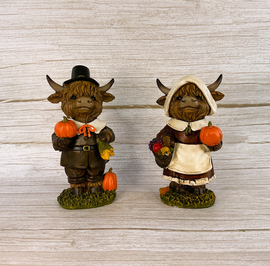 Gerson Fall Decor - Thanksgiving Pilgrim Highland Cow Figurines 2pc