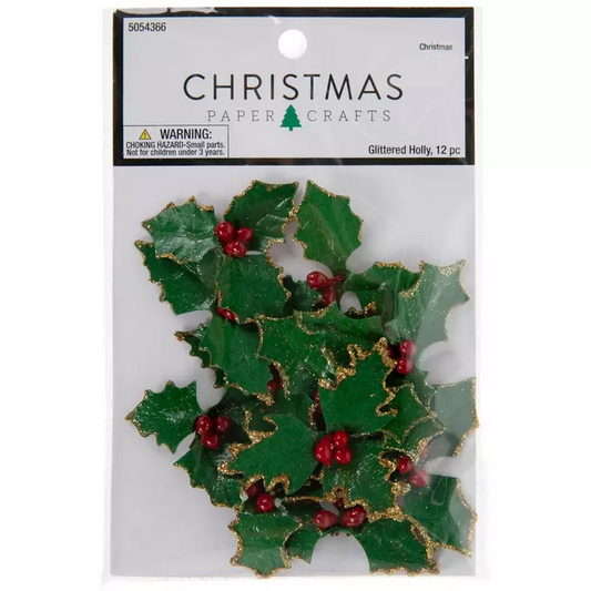 HL Christmas Craft Supply - Glitter Holly Paper Embellishments 12pc
