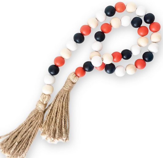 FD Halloween Decor - Black Orange White Natural Wood Bead Garland 36-inch