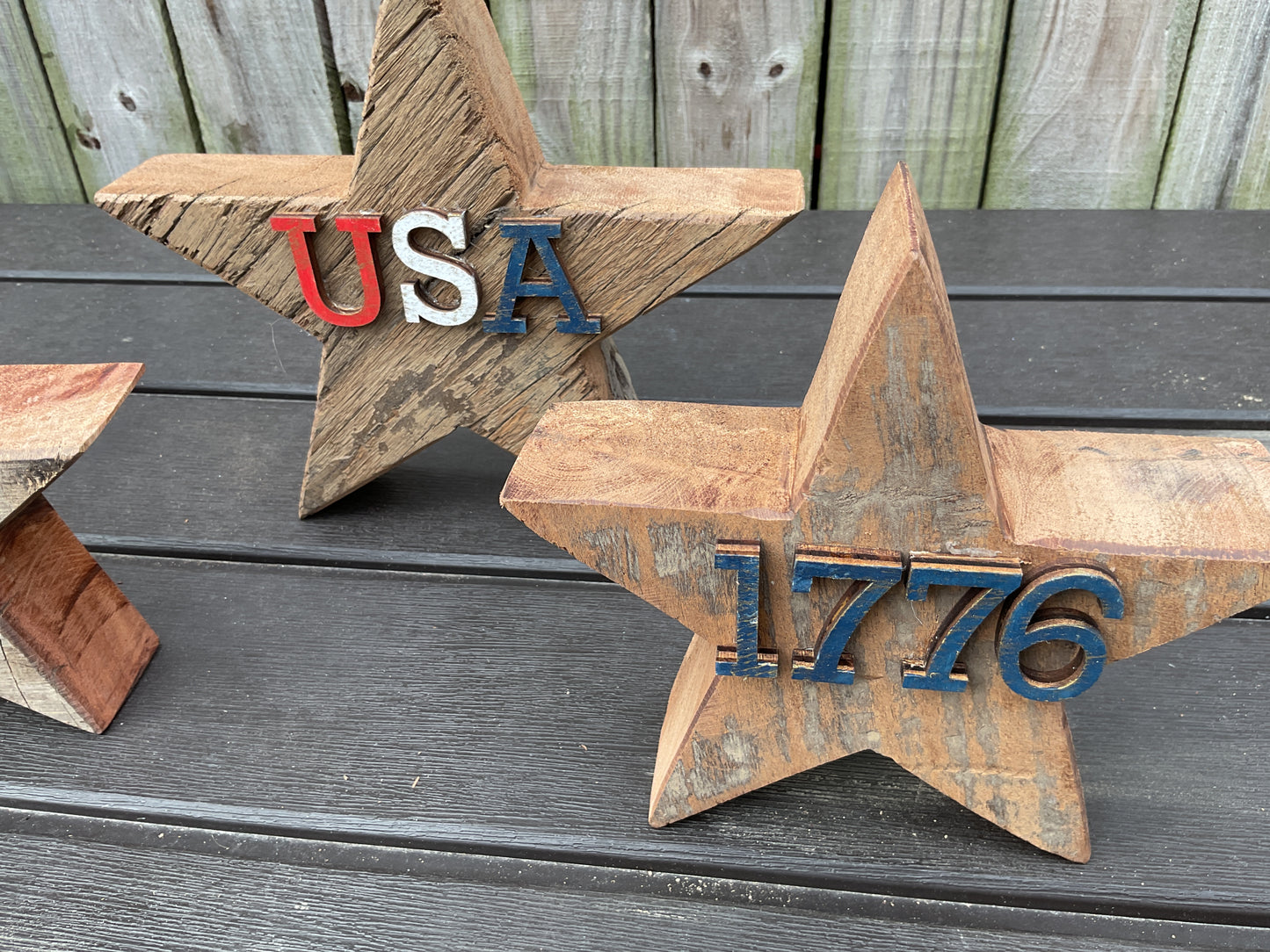 AGSD Patriotic Decor - July 4th Rustic Neutral Chunky Wood Star Sitters 4pc