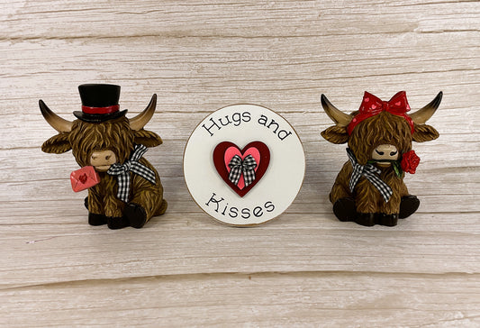 AGSD Valentines Decor - Resin Highland Cow Figurines & Sign 3pc Set