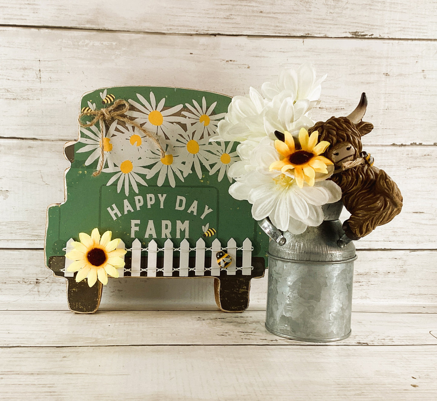 AGD Spring Decor - Happy Farm Daisy Sunflower Highland Cow 2pc Set