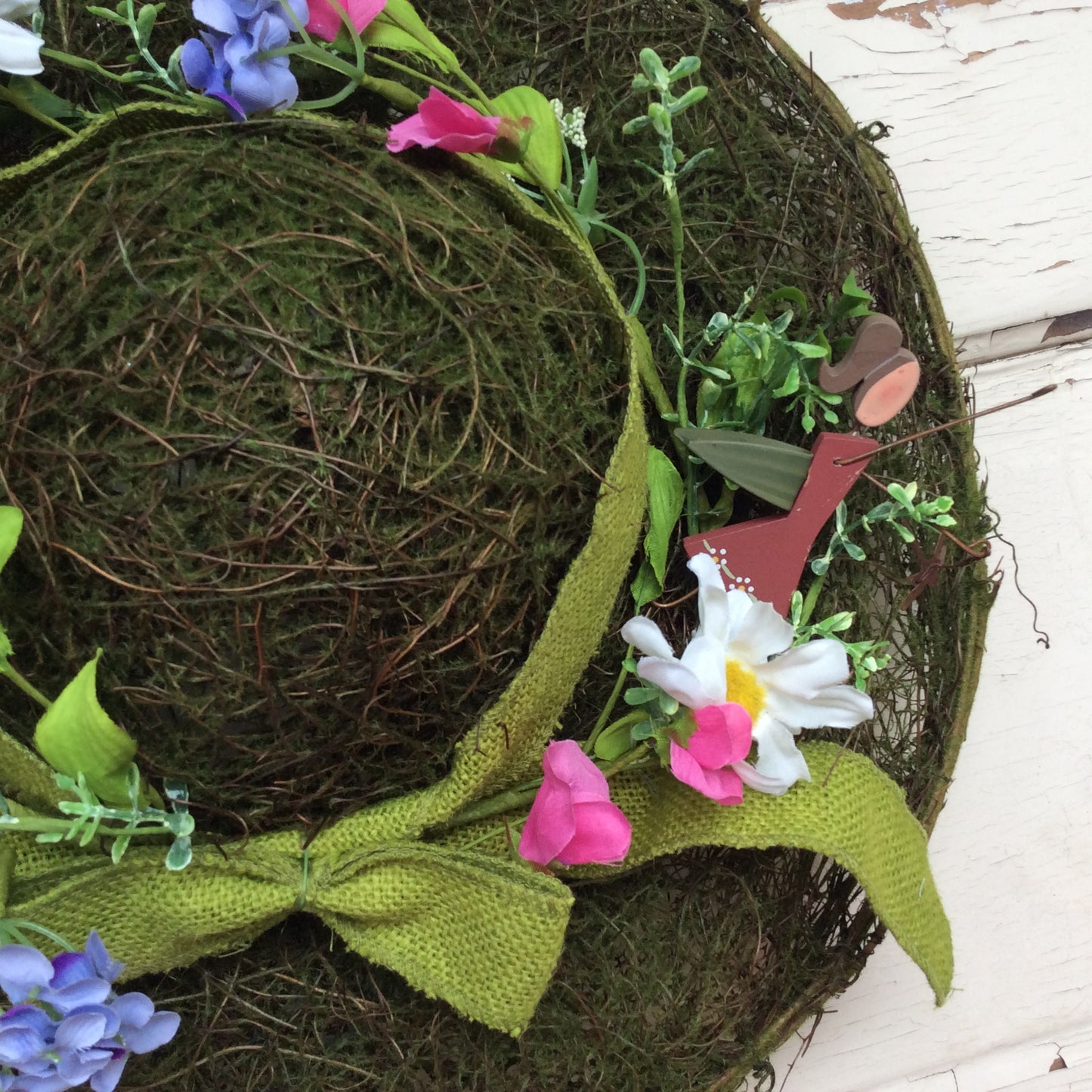 AGD Spring Decor -Fairies Play Here Grapevine Twig Flower Bonnet Hat Wreath