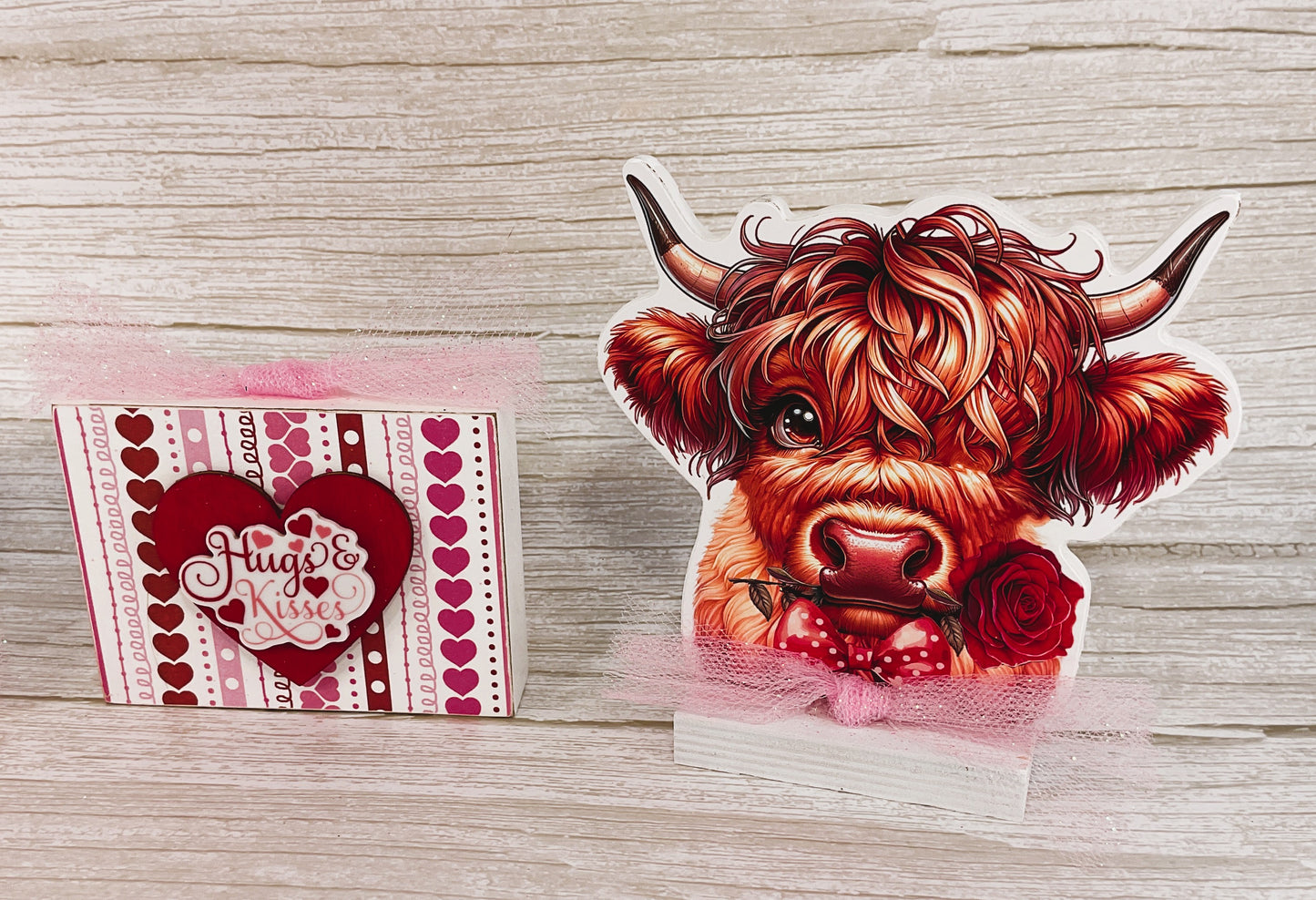AGSD Valentines Decor - Glam Highland Cow Block Sign Tier Tray 3pc Set
