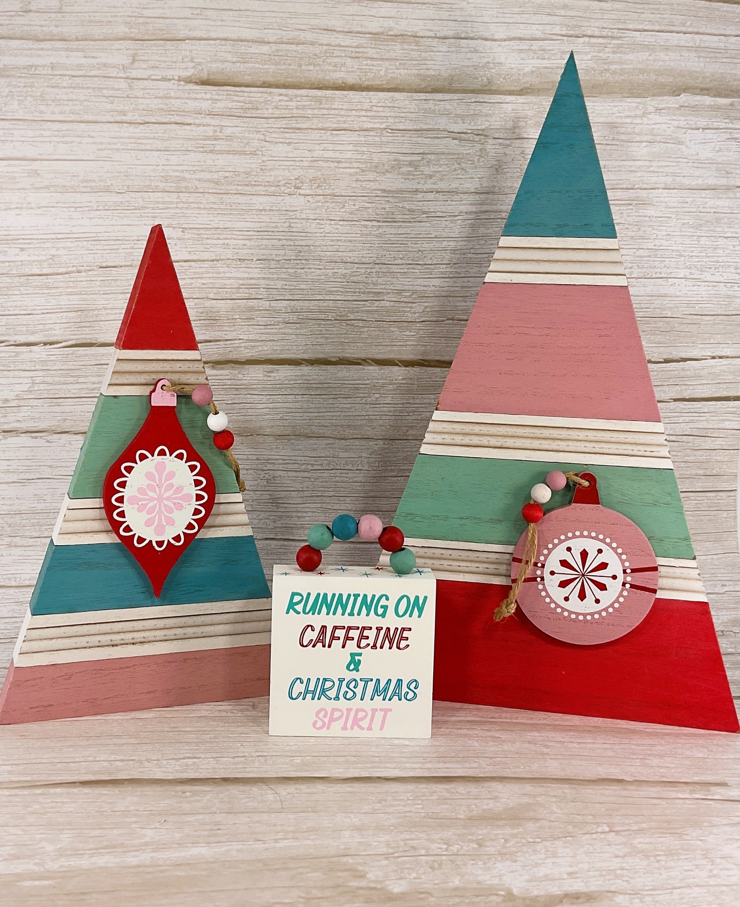 AGSD Christmas Decor - Retro Pink Blue Teal Wood Slat Trees & Sign 3pc