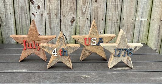 AGSD Patriotic Decor - Rustic Neutral Chunky Reclaimed Wood Star Sitters 4-Piece Set