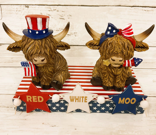 AGD Patriotic Decor - Red White Moo July 4th Resin Highland Cows - Option A