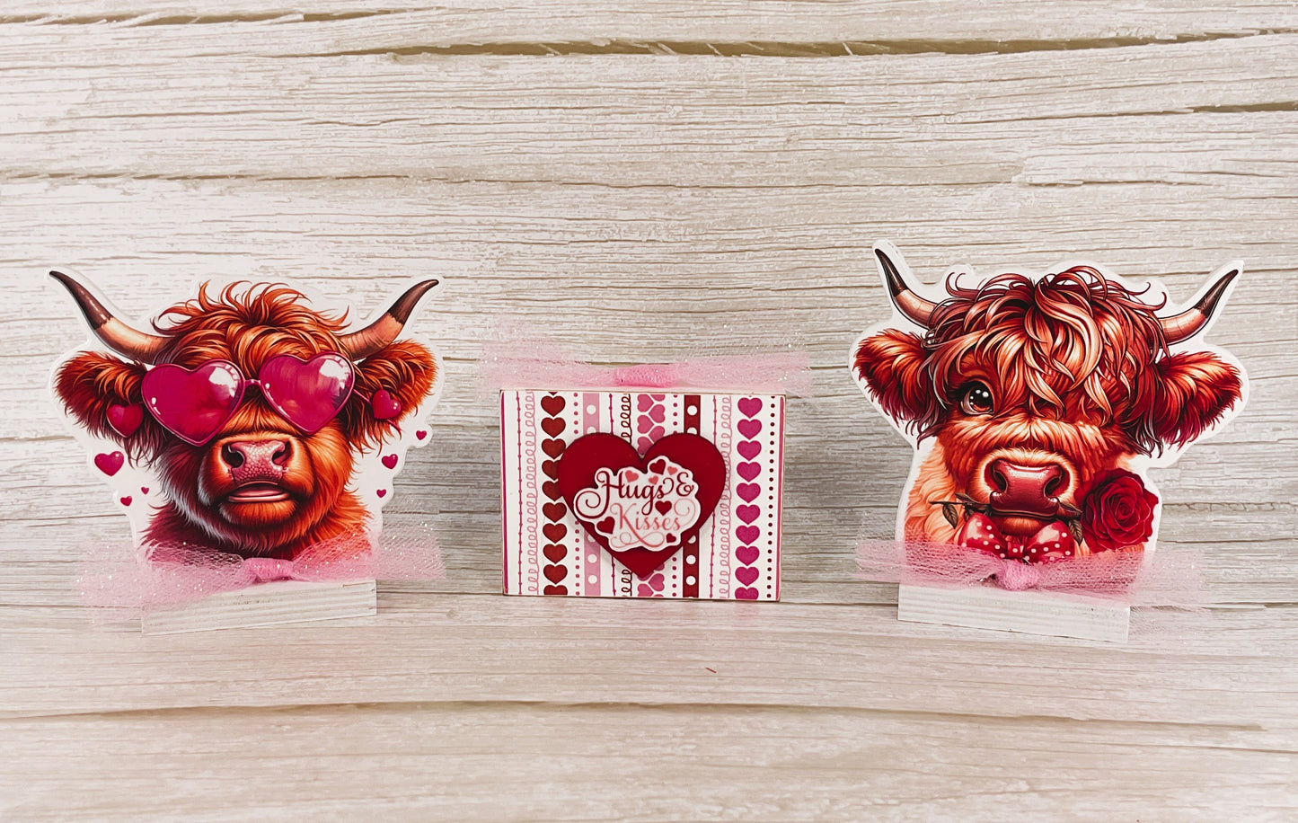 AGSD Valentines Decor - Glam Highland Cow Block Sign Tier Tray 3pc Set