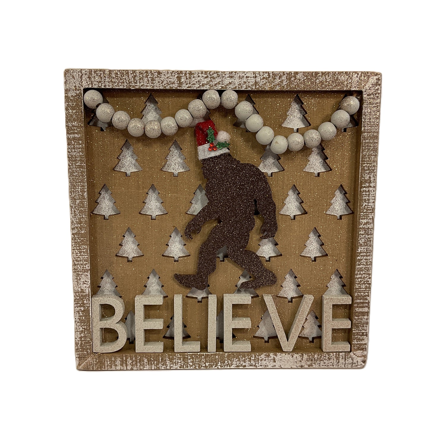 AGSD Christmas Decor - Believe Santa Bigfoot Tree Inset Box Sign