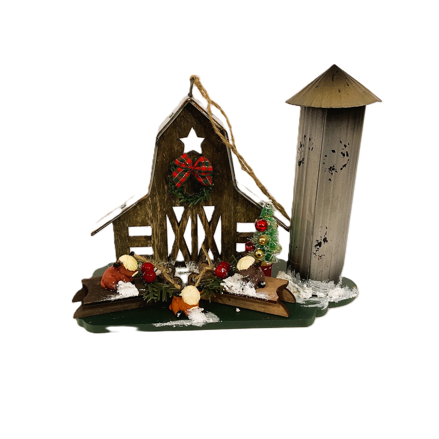 AGSD Christmas Decor - Highland Coo Cow Farmhouse Wood Barn & Silo