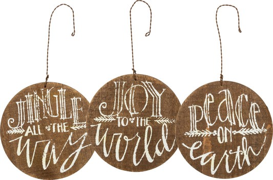 Primitives by Kathy Barn Wood Christmas Ornaments, Set of 3, Jingle, Joy, Peace, 3 Piece