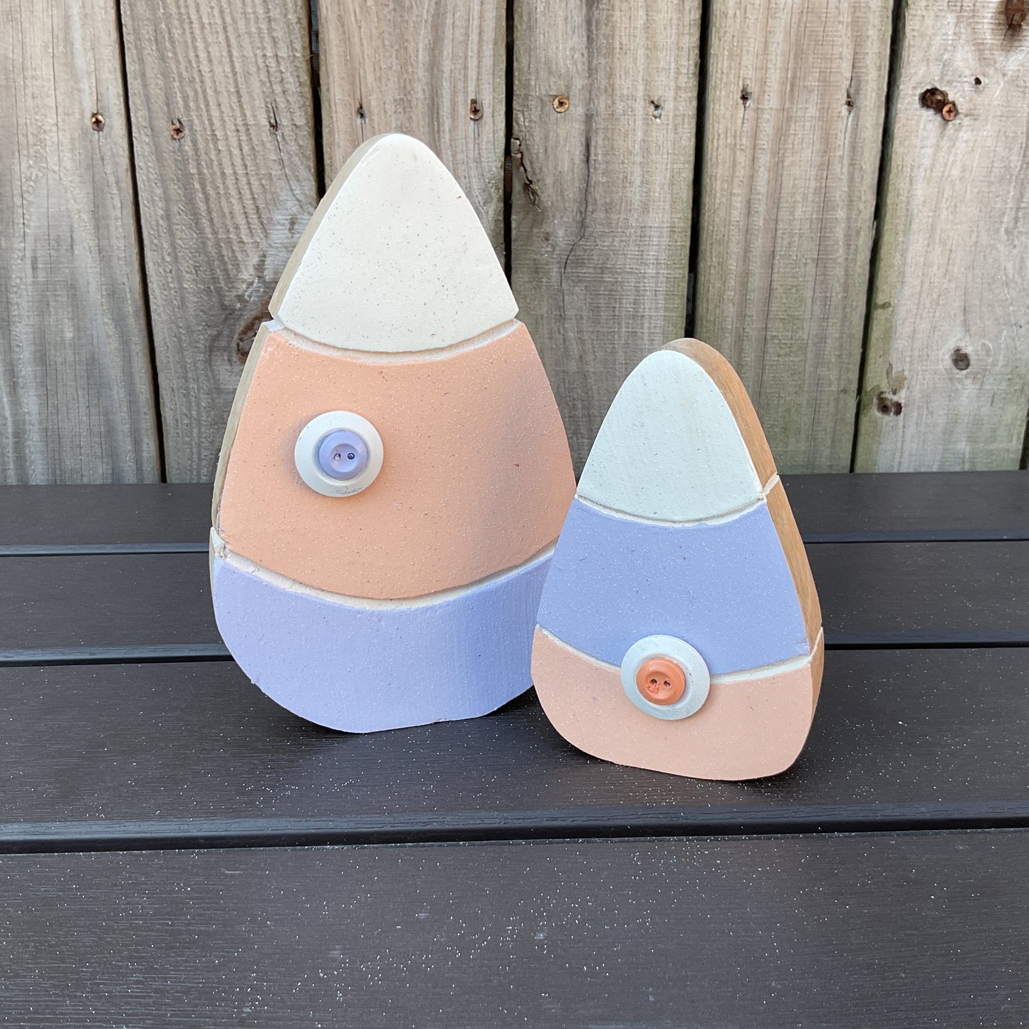 AGD Spring Decor - Pastel Purple Peach Chunky Wood Candy Corn Sitters 2pc Set