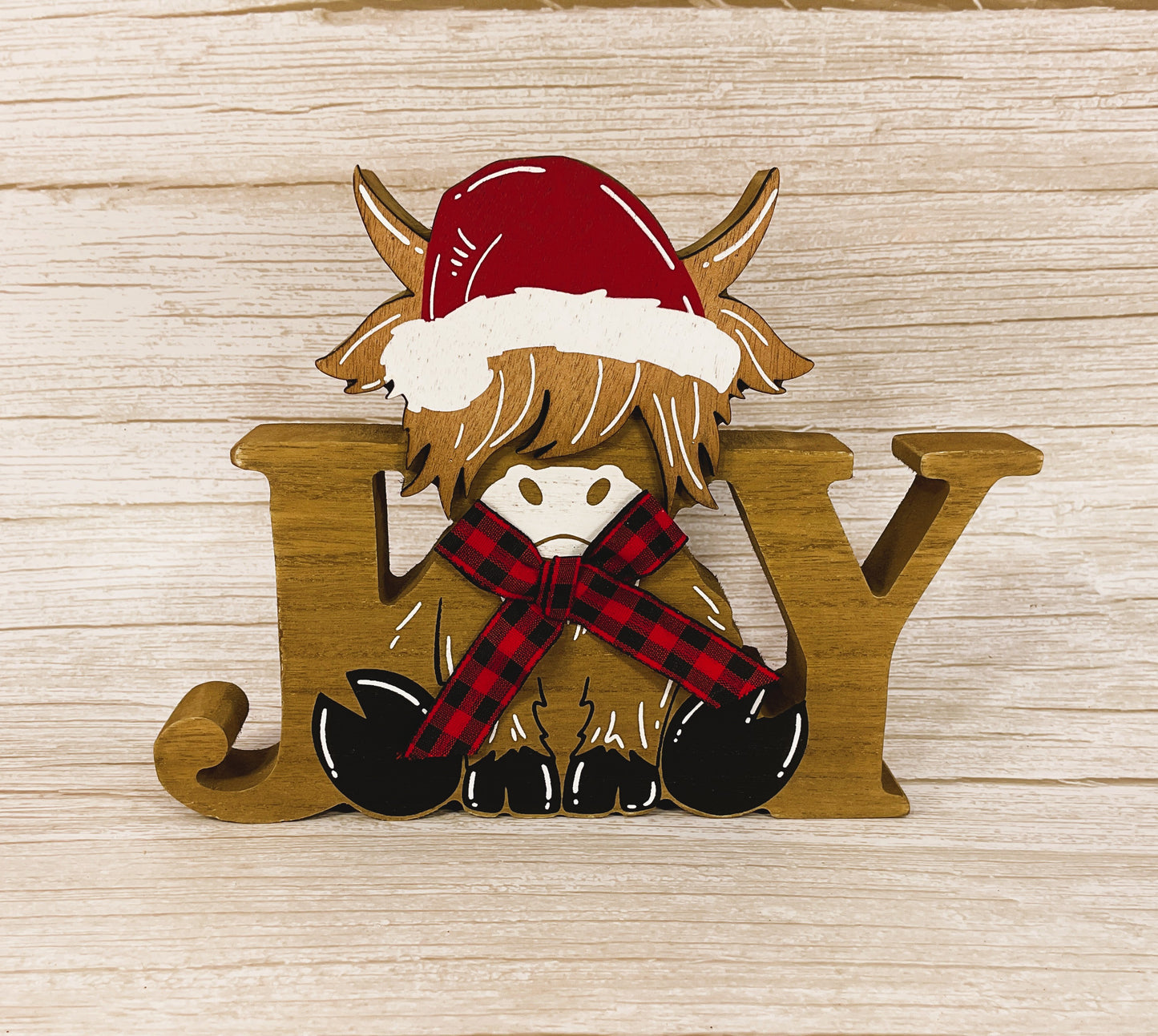 HL Christmas Decor - Chunky Wood Joy Highland Cow Sitter