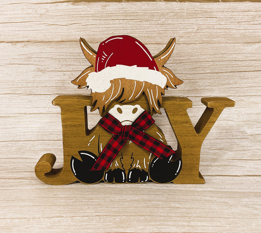 HL Christmas Decor - Chunky Wood Joy Highland Cow Sitter