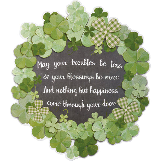 St Patricks Decor - Irish Blessings Shamrocks Flat Wood Wreath Sign