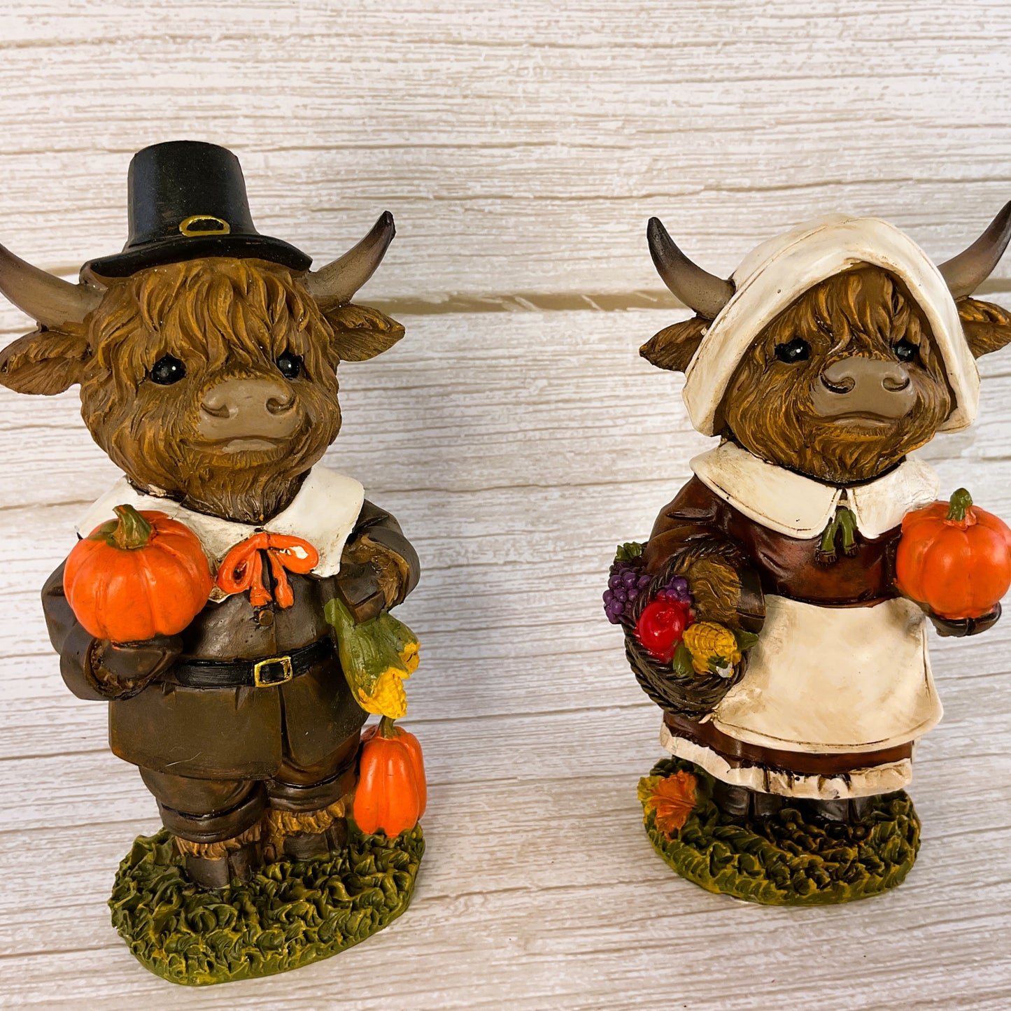 Gerson Fall Decor - Thanksgiving Pilgrim Highland Cow Figurines 2pc