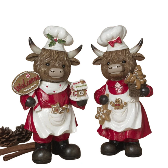 Gerson Christmas Decor - Gingerbread Baker Highland Cow Figurines 2pc 12-inch