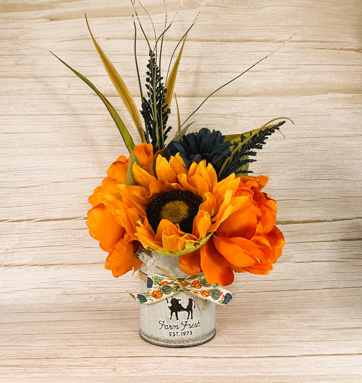 AGSD Fall Decor - Orange Blue Sunflower Milk Can Floral Display
