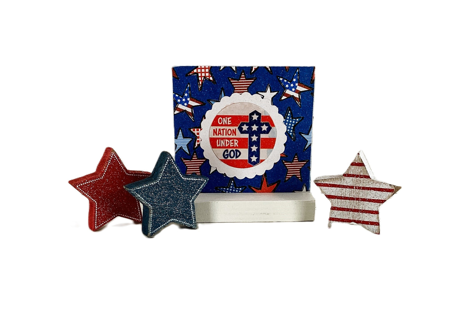 July 4th One Nation Under God Block Sign & Stars Set | Patriotic Faith Farmhouse Tiered Tray & Shelf Decor