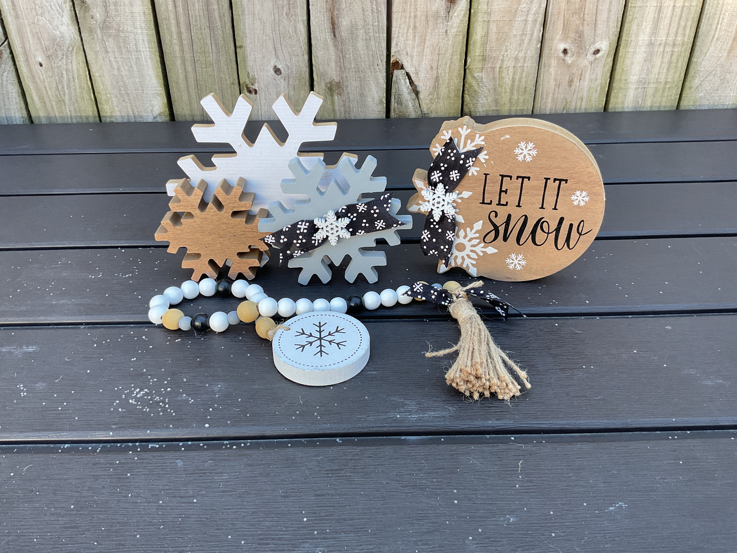 AGSD Winter Decor - Neutral Farmhouse Snowflakes Sign & Garland 3pc Set